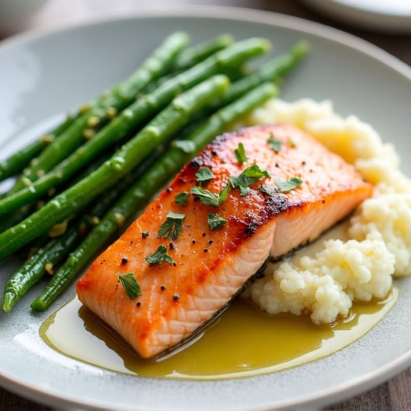 Seared Salmon with Garlic Green Beans and Cauliflower Mash