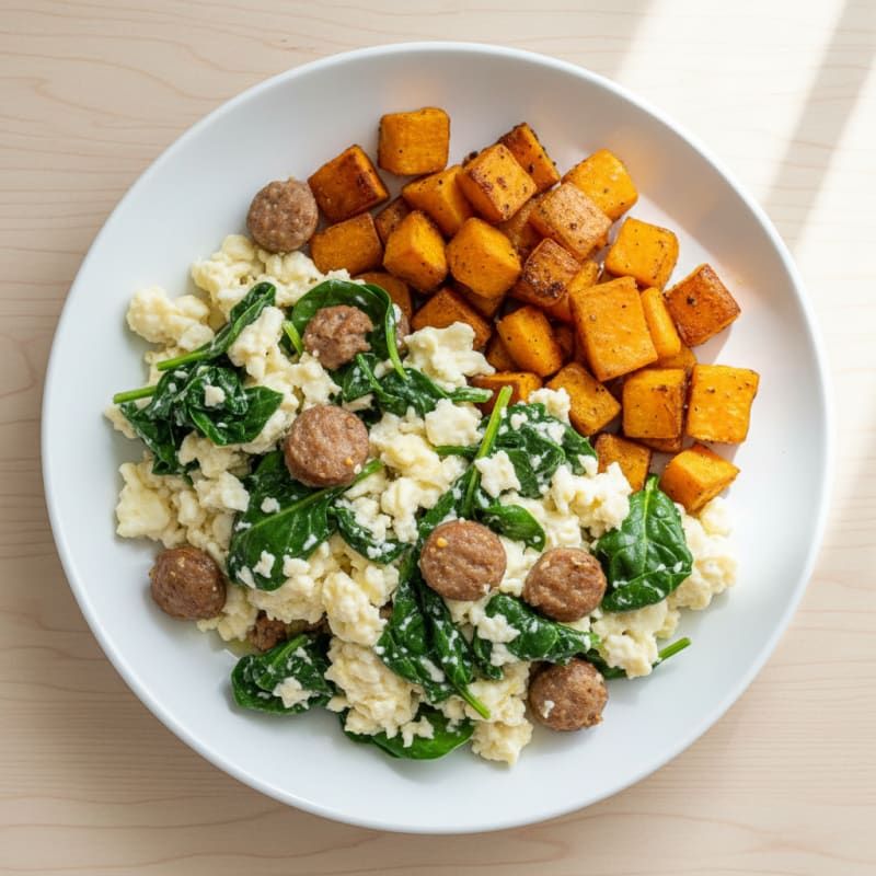 Egg White and Turkey Sausage Scramble with Spinach and Roasted Sweet Potato