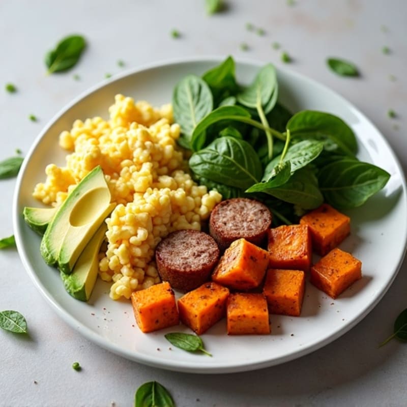 Egg White and Turkey Sausage Scramble with Spinach and Roasted Sweet Potatoes