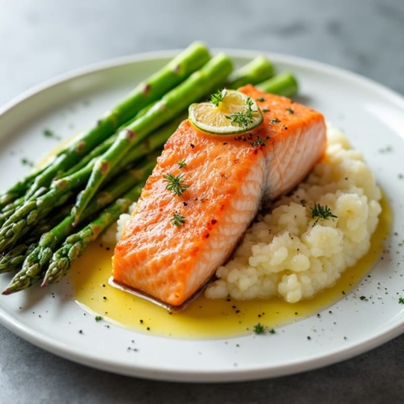 Seared Salmon with Steamed Asparagus and Cauliflower Mash