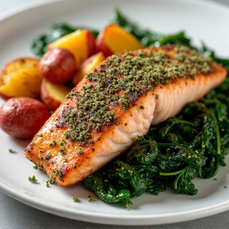 Herb-Crusted Salmon with Roasted Garlic Red Potatoes and Sautéed Spinach