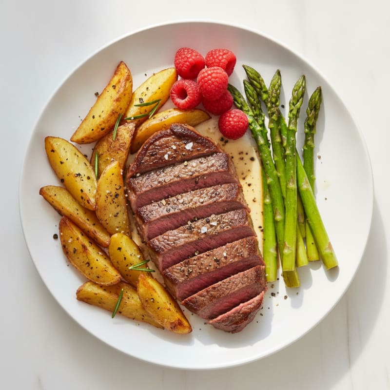 Pan-Seared Steak with Garlic Potatoes and Asparagus