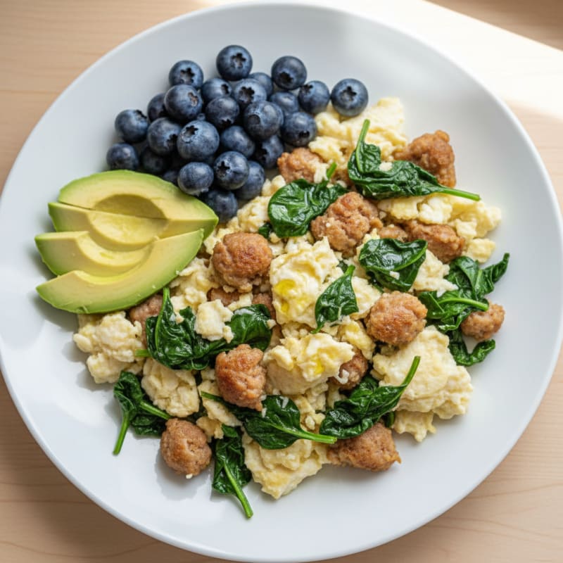 Egg White Scramble with Turkey Sausage and Sautéed Spinach