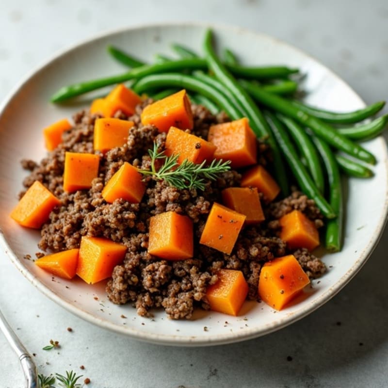 Herb-Seasoned Beef and Sweet Potato Hash with Garlic Green Beans