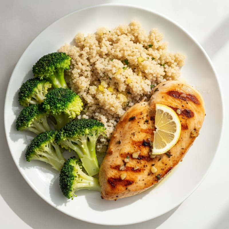 Grilled Chicken Breast with Steamed Broccoli and Quinoa