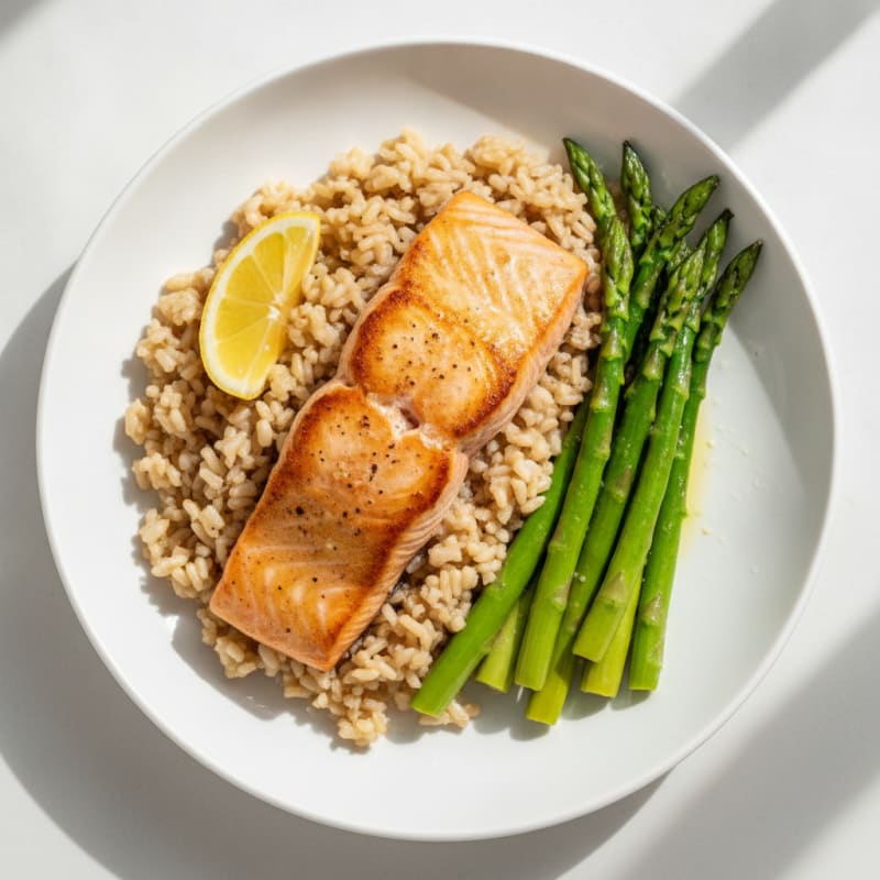 Seared Salmon with Steamed Asparagus and Brown Rice