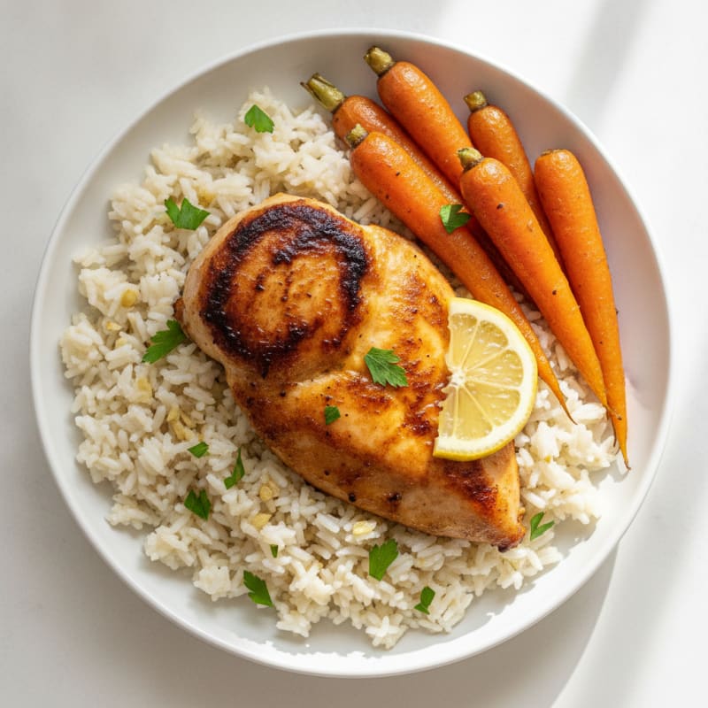 Seared Chicken Breast with Garlic Rice and Roasted Carrots