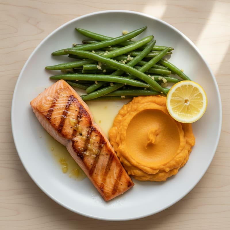 Seared Salmon with Garlic Green Beans and Sweet Potato Mash