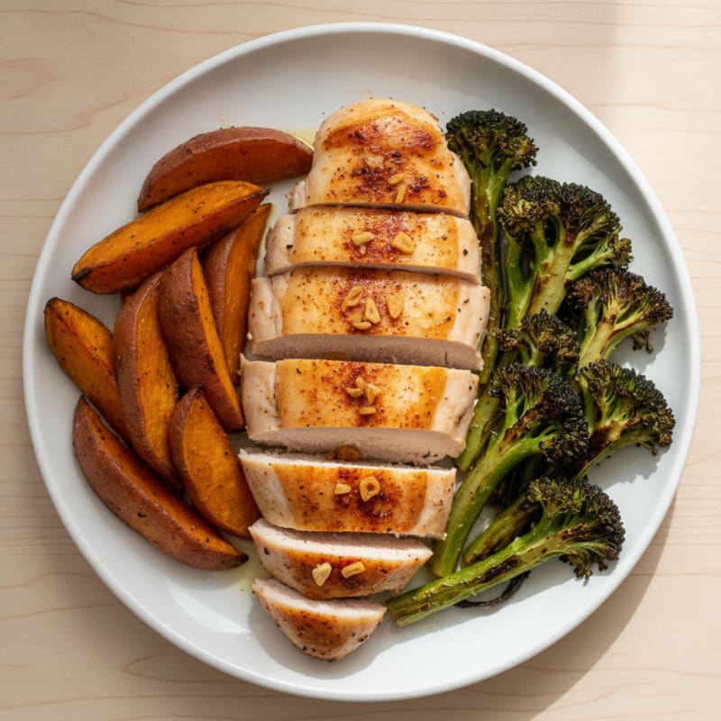Oven-Baked Chicken Breast with Roasted Broccoli and Sweet Potato