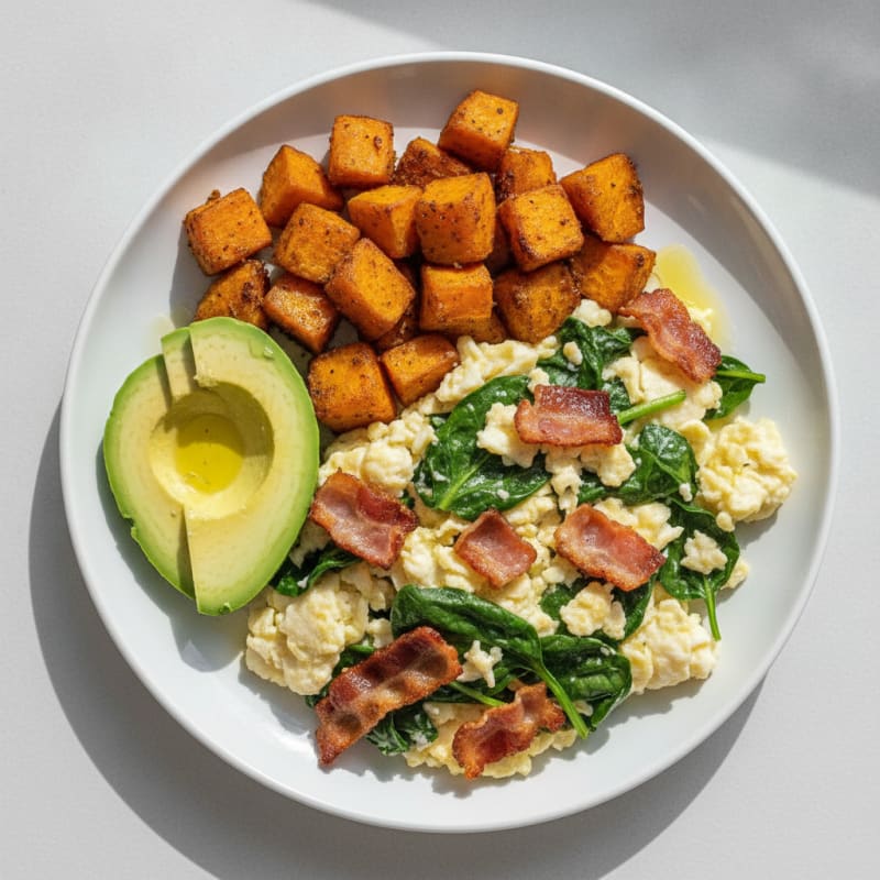 Crispy Turkey Bacon and Spinach Egg White Scramble with Roasted Sweet Potatoes
