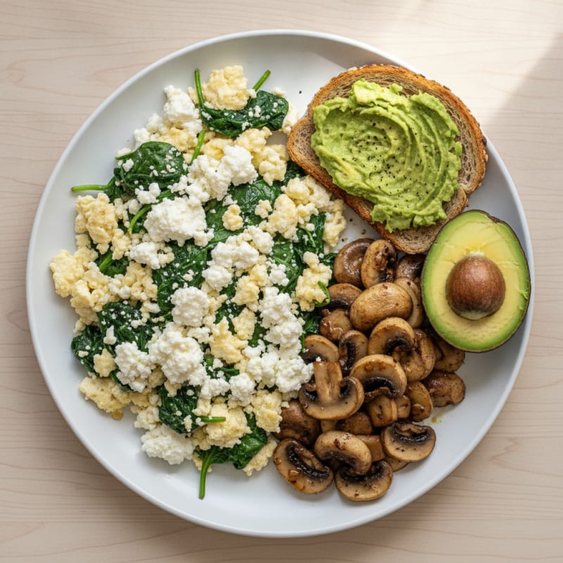 Egg White Spinach Scramble with Cottage Cheese and Sautéed Mushrooms