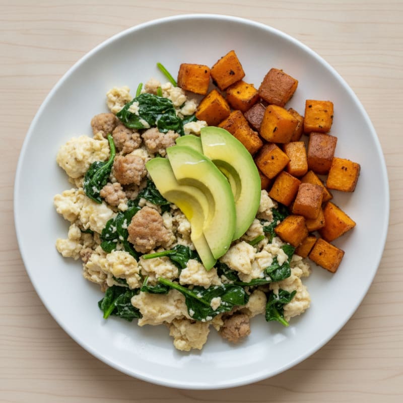 Egg White Scramble with Turkey Sausage and Spinach