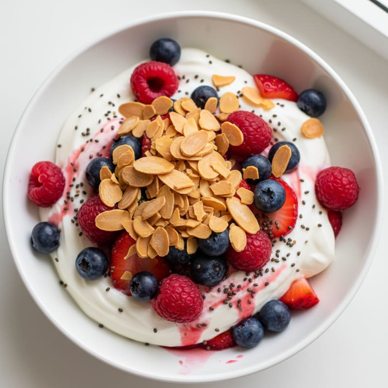 Greek Yogurt Protein Parfait with Mixed Berries and Almonds
