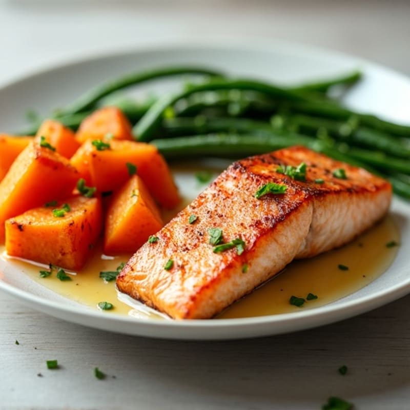 Seared Salmon with Roasted Sweet Potatoes and Garlic Green Beans