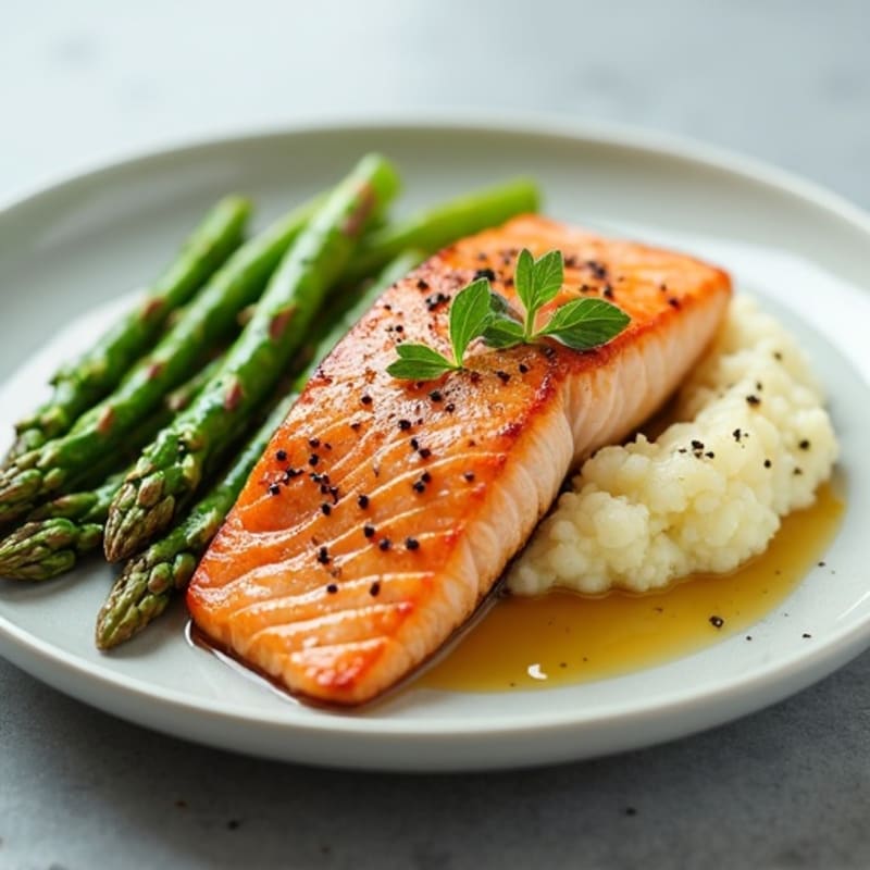 Seared Salmon with Steamed Asparagus and Cauliflower Mash