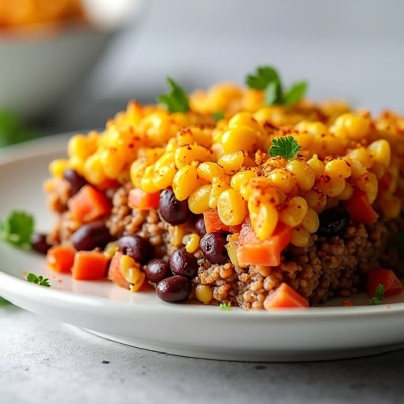 Lean Ground Beef and Black Bean Baked Casserole with Crunchy Corn Topping
