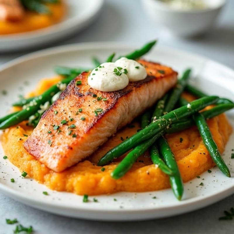 Seared Salmon with Garlic Green Beans and Sweet Potato Mash