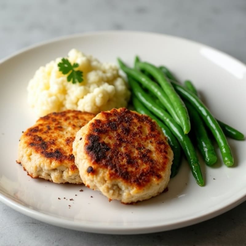 Seared Turkey Patties with Garlic Green Beans and Mashed Cauliflower
