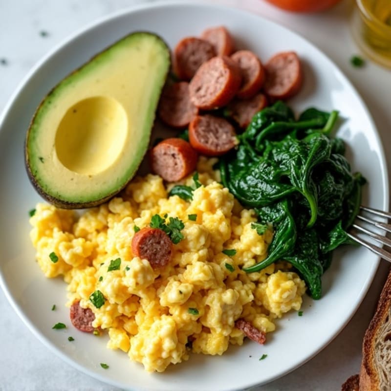 Egg White Scramble with Turkey Sausage and Sautéed Spinach
