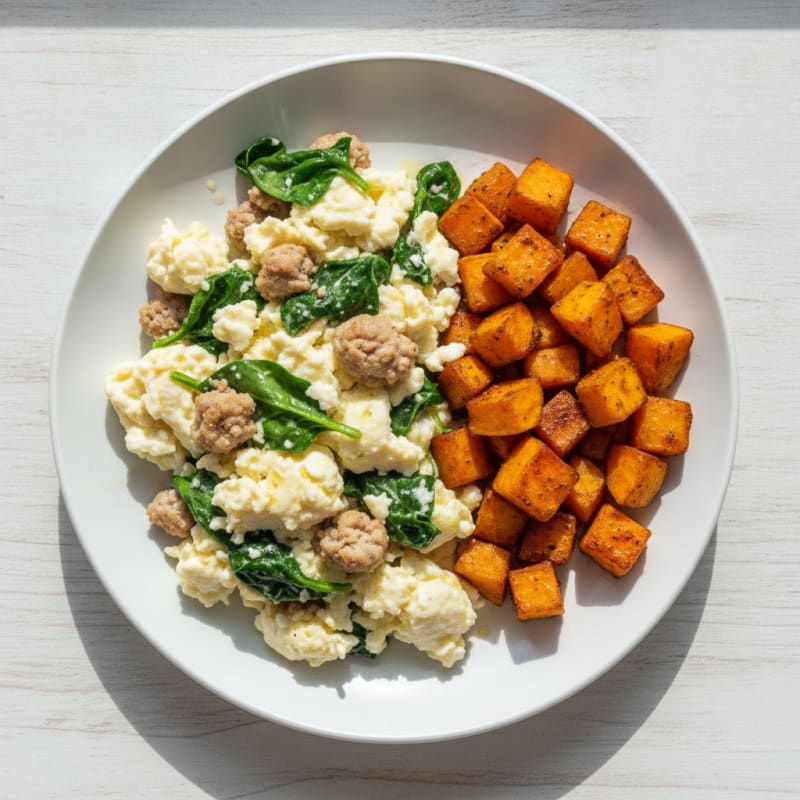 Egg White and Turkey Sausage Scramble with Spinach and Roasted Sweet Potatoes