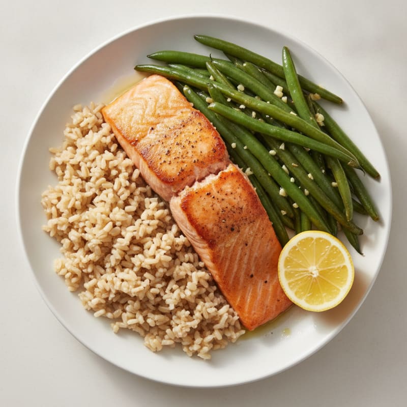 Seared Salmon Fillet with Garlic Green Beans and Brown Rice