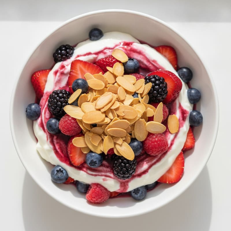 Greek Yogurt Protein Parfait with Mixed Berries and Almonds