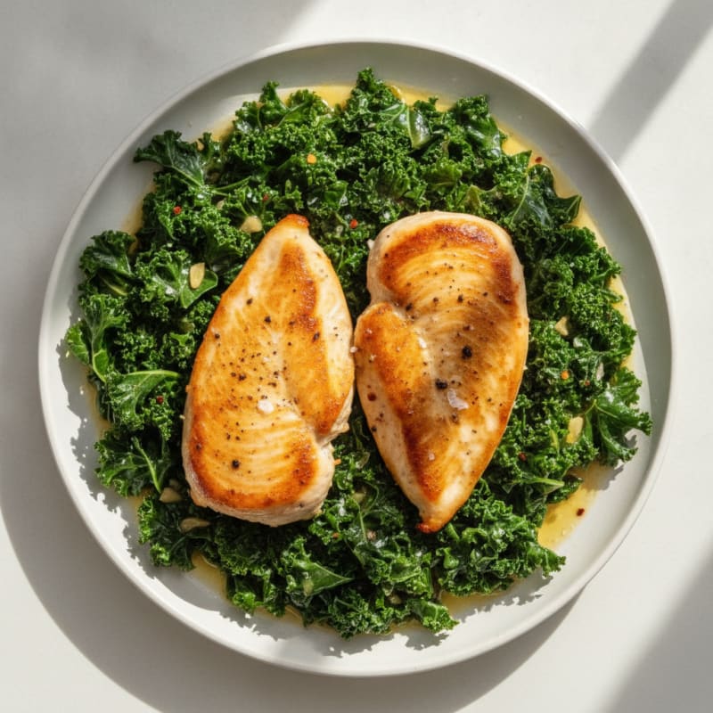 Slow-Cooked Garlic Kale with Seared Chicken