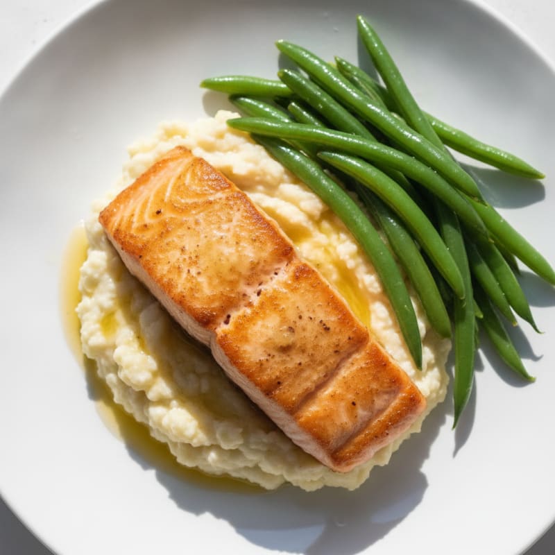 Seared Salmon with Steamed Green Beans and Garlic Mashed Cauliflower