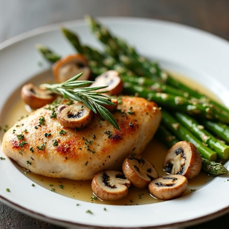 Herb-Roasted Chicken with Roasted Garlic Butter Mushrooms and Asparagus