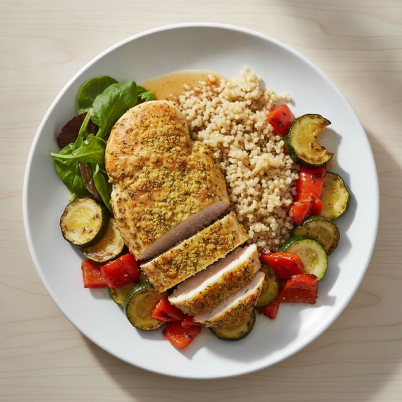 Herb-Crusted Chicken Breast with Roasted Vegetables and Quinoa
