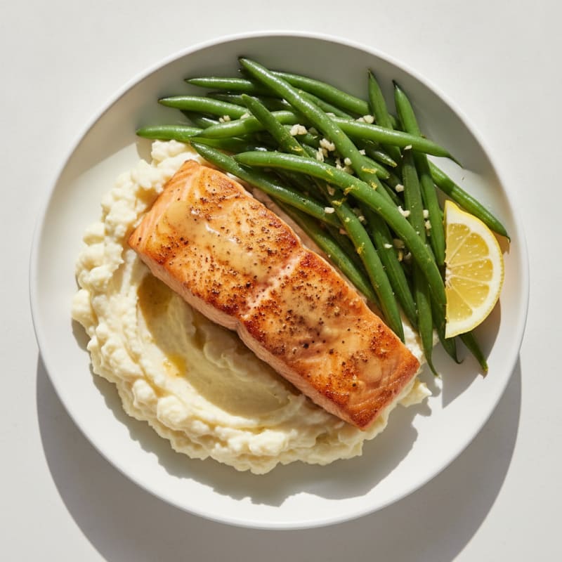 Seared Salmon with Garlic Green Beans and Cauliflower Mash