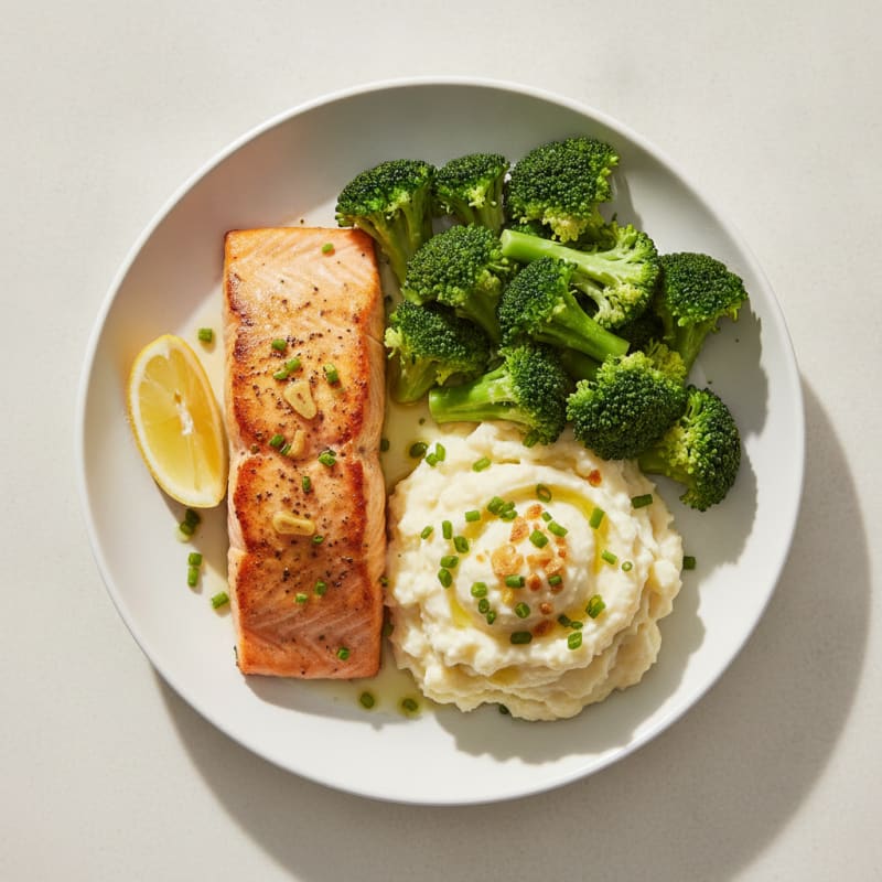 Seared Salmon with Steamed Broccoli and Garlic Mashed Cauliflower