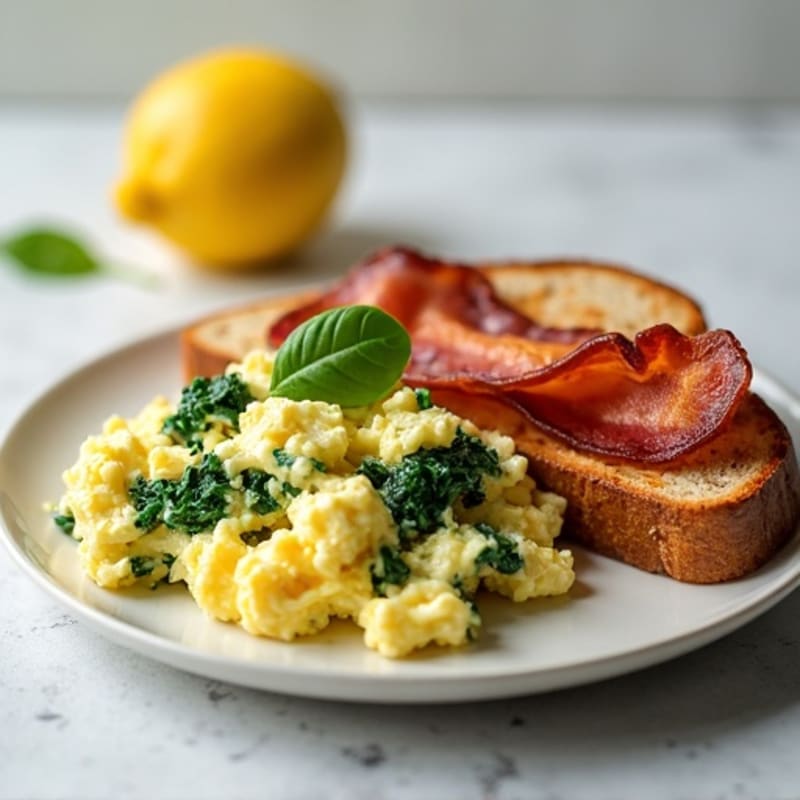 Scrambled Egg Whites with Sautéed Spinach, Turkey Bacon & Whole Grain Toast