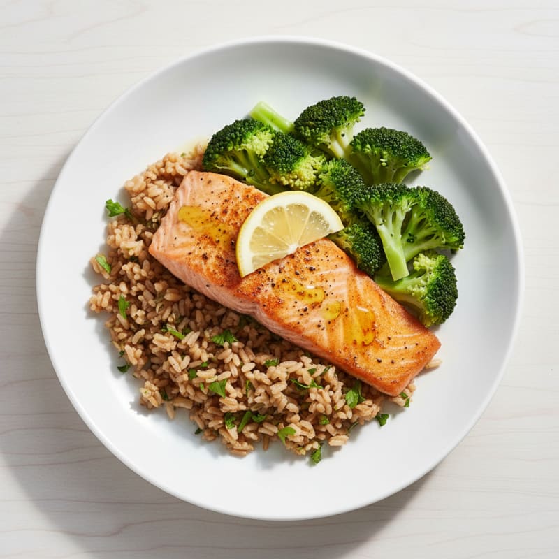 Seared Salmon Fillet with Steamed Broccoli and Herbed Brown Rice