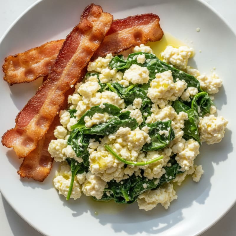 Cottage Cheese Scramble with Spinach and Turkey Bacon