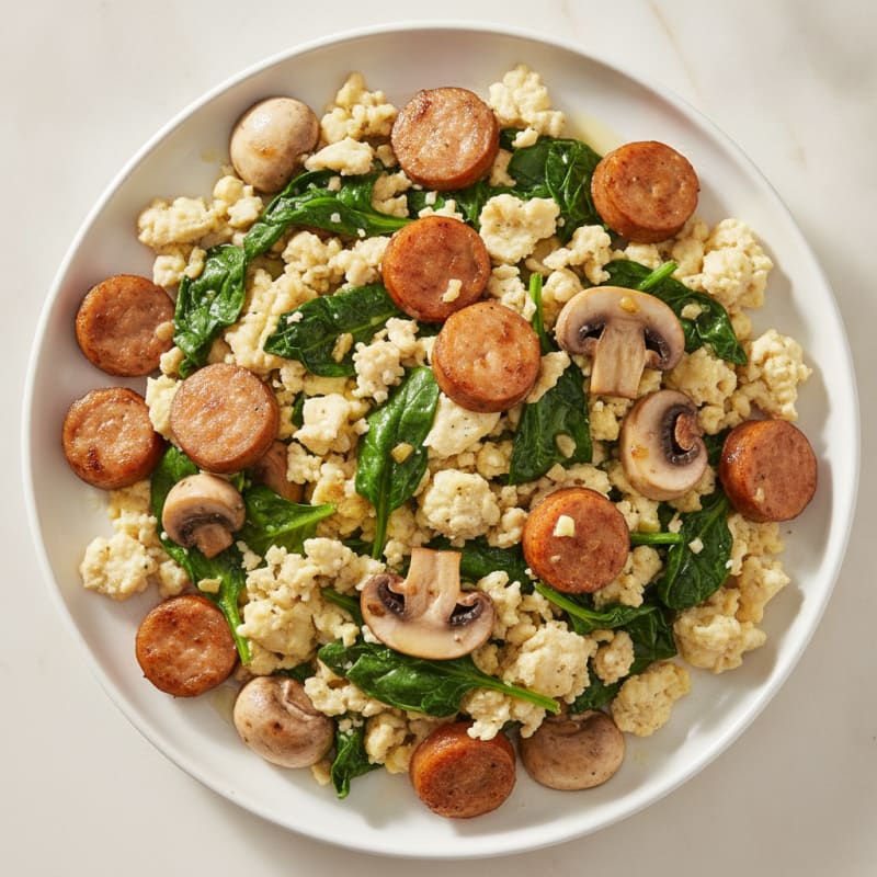 Egg White Spinach Scramble with Turkey Sausage and Sautéed Mushrooms