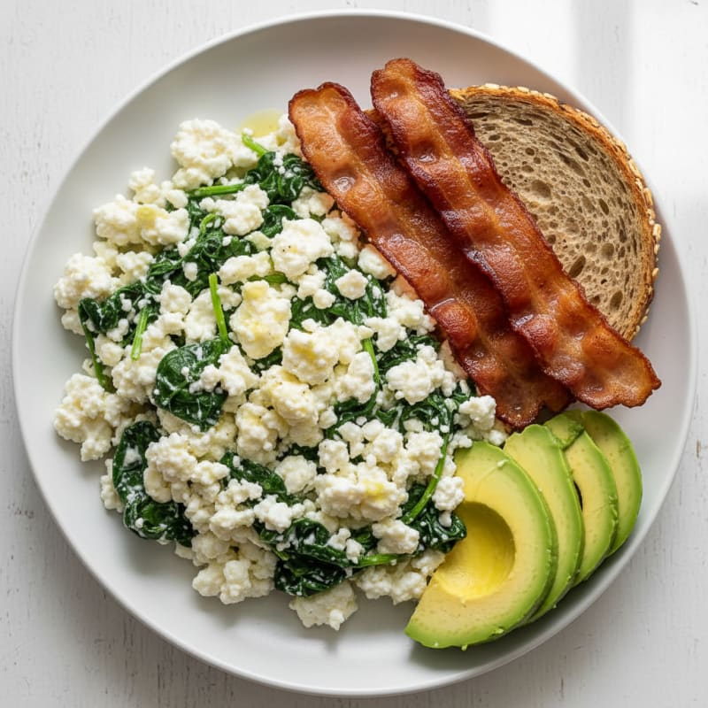 Cottage Cheese Egg White Scramble with Spinach and Turkey Bacon