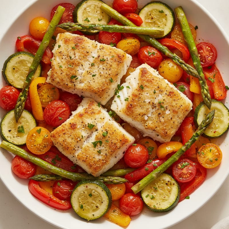 Lemon-Herb Baked Cod with Mediterranean Roasted Vegetables