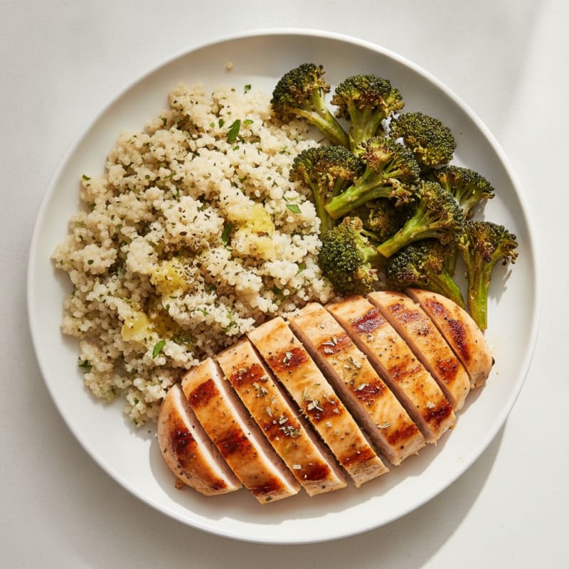 Grilled Lemon Herb Chicken Breast with Quinoa and Roasted Broccoli