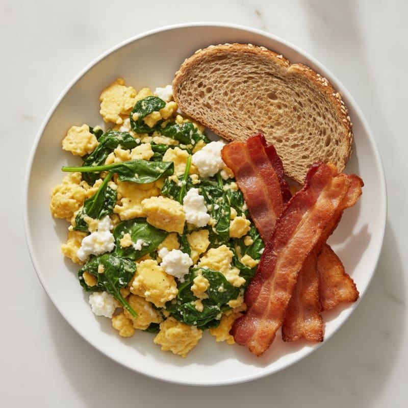 Cottage Cheese Egg Scramble with Sautéed Spinach and Turkey Bacon