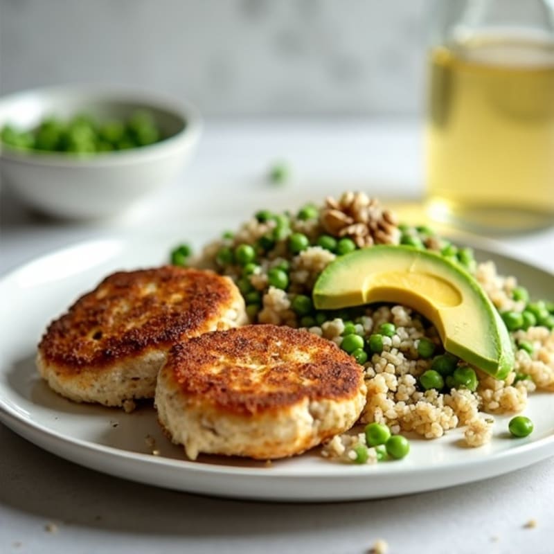 Seared Chicken Patty with Quinoa Pea Salad and Lemon Yogurt Dressing