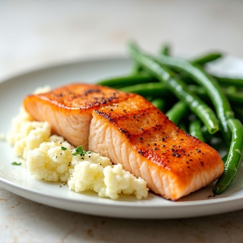 Seared Salmon with Steamed Green Beans and Garlic Mashed Cauliflower