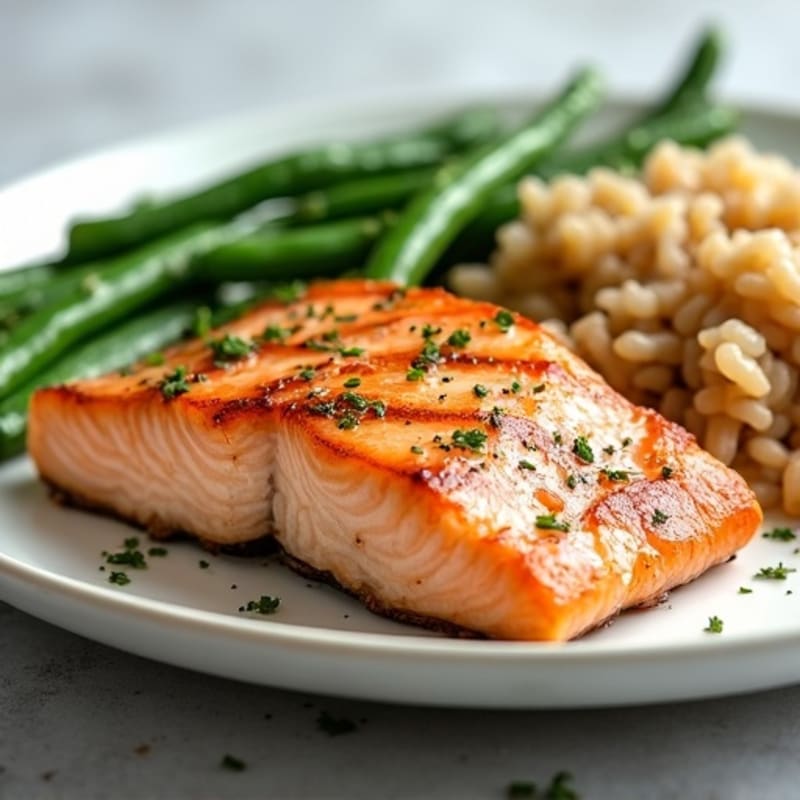 Seared Salmon Fillet with Garlic Green Beans and Brown Rice