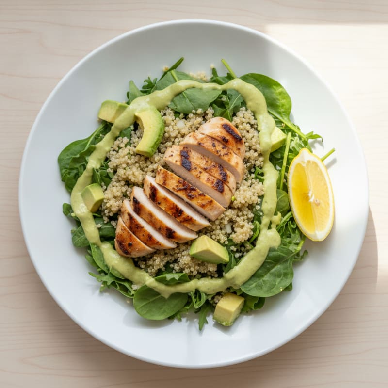 Grilled Chicken Breast Salad with Creamy Avocado and Quinoa
