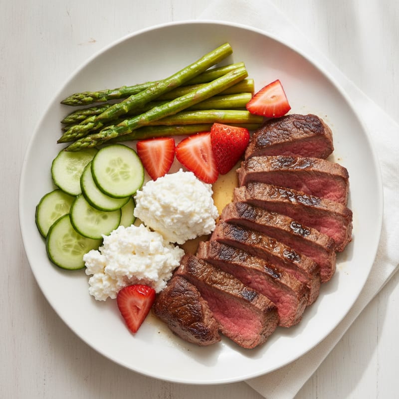 Seared Lean Beef with Steamed Asparagus and Cottage Cheese