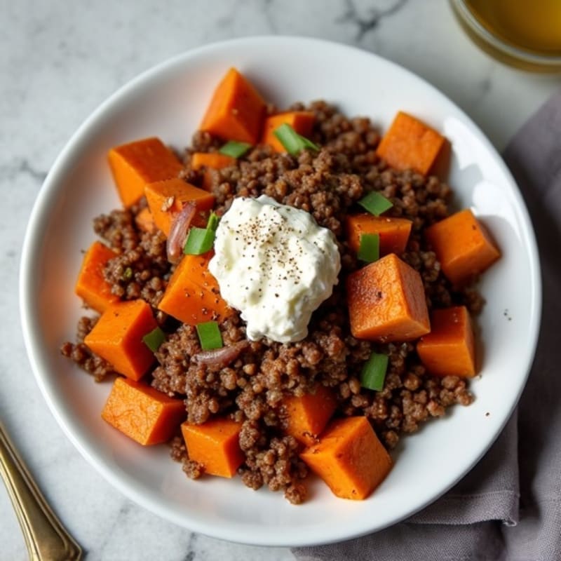 Smoky Sweet Potato and Beef Skillet with Cottage Cheese
