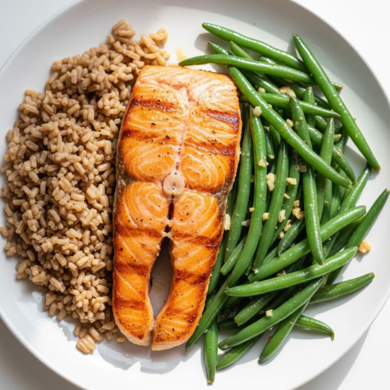 Seared Salmon with Garlic Green Beans and Brown Rice