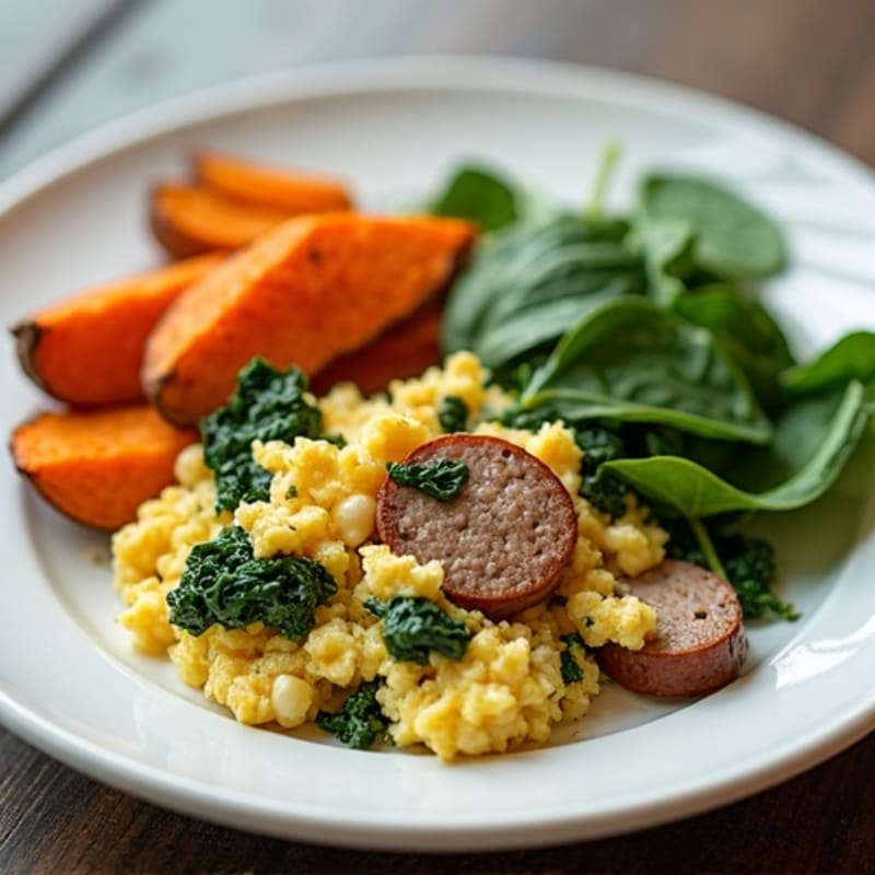 Egg White and Turkey Sausage Scramble with Spinach and Roasted Sweet Potato