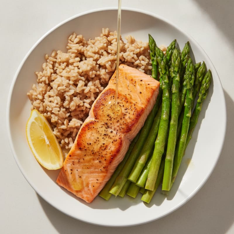 Seared Salmon with Steamed Asparagus and Brown Rice