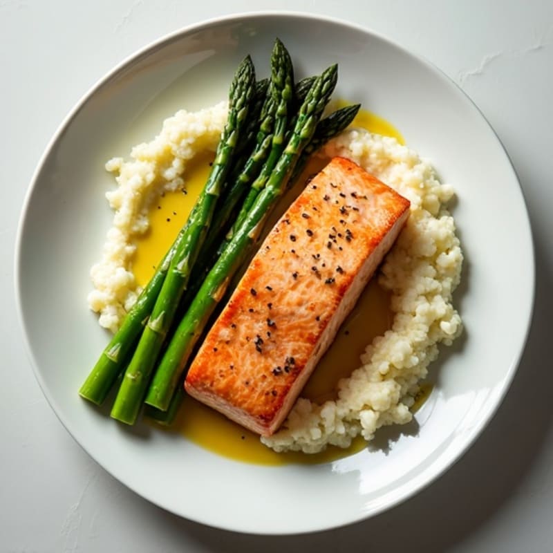 Seared Salmon with Steamed Asparagus and Cauliflower Mash